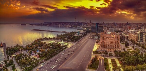 Aerial view of Baku at sunset, Azerbaijan