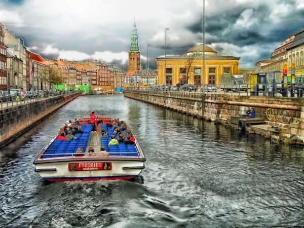 Canal boat in the Nyhavn harbour area of Copenhagen