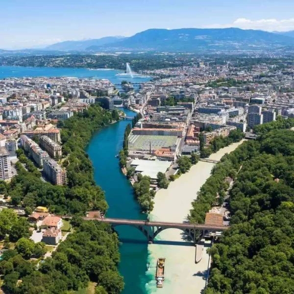 Aerial view of the river and rooftops of Geneva, Switzerland