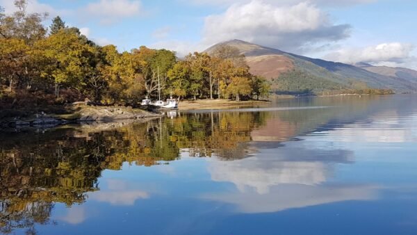 Still water and autumn trees on the shore of Loch Lomond, Scotland