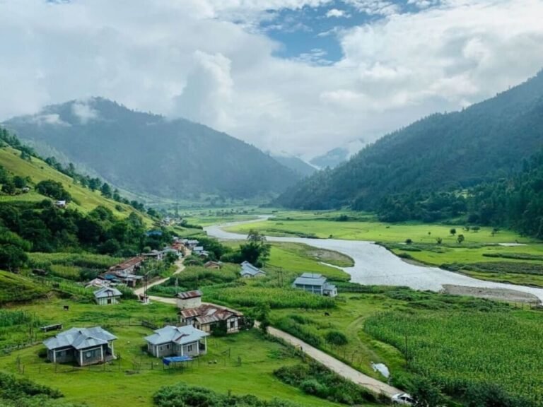 Green river valley with small houses in the Arunachal Pradesh hills