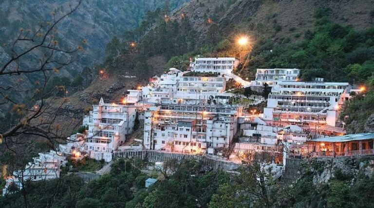 Mata Vaishno Devi shrine town on the hillside at Katra, lit up in the evening