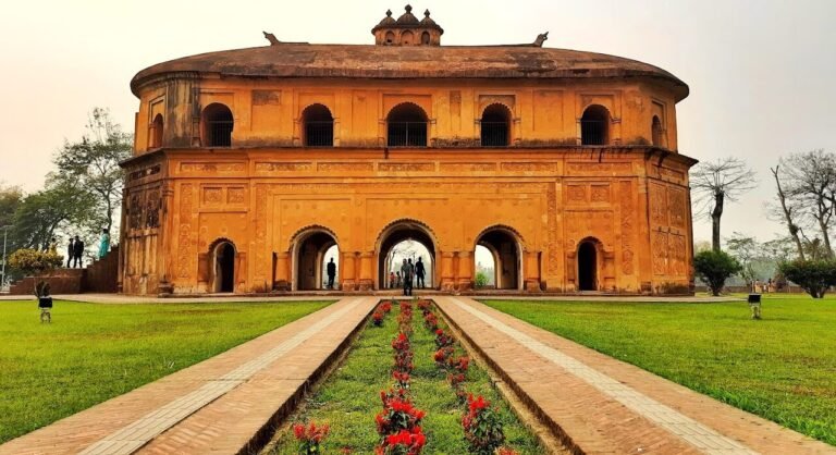 Ahom brick royal pavilion with a garden path in Sivasagar