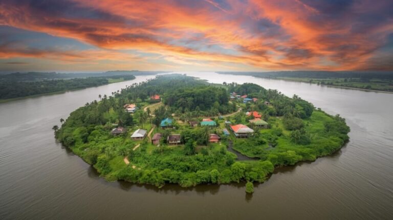 Aerial view of green Majuli island in the Brahmaputra