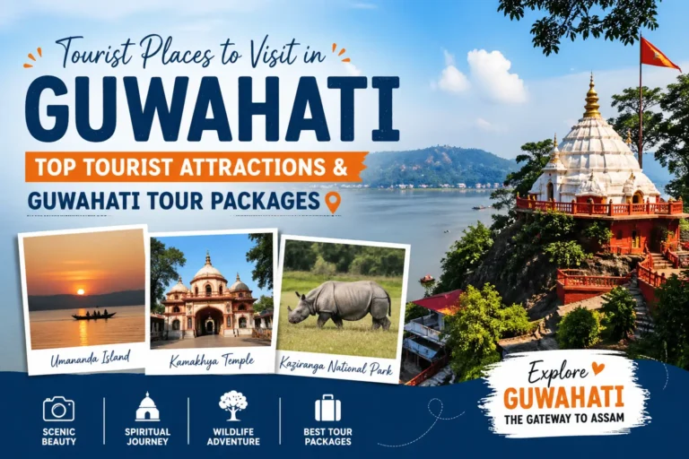 Guwahati tourist attractions collage with Umananda, Kamakhya Temple and a rhino