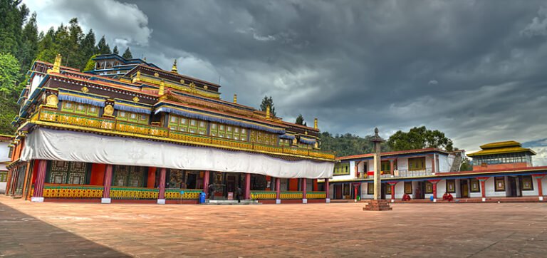 Courtyard and prayer hall of Rumtek Monastery in Sikkim