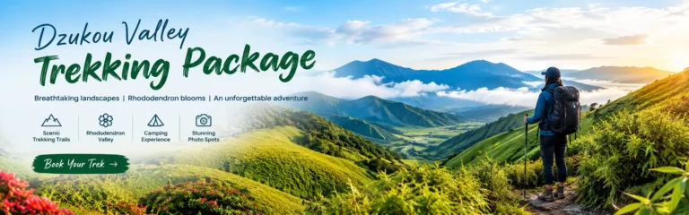 Green rolling meadows of Dzukou Valley in Nagaland with a trekker looking over the hills